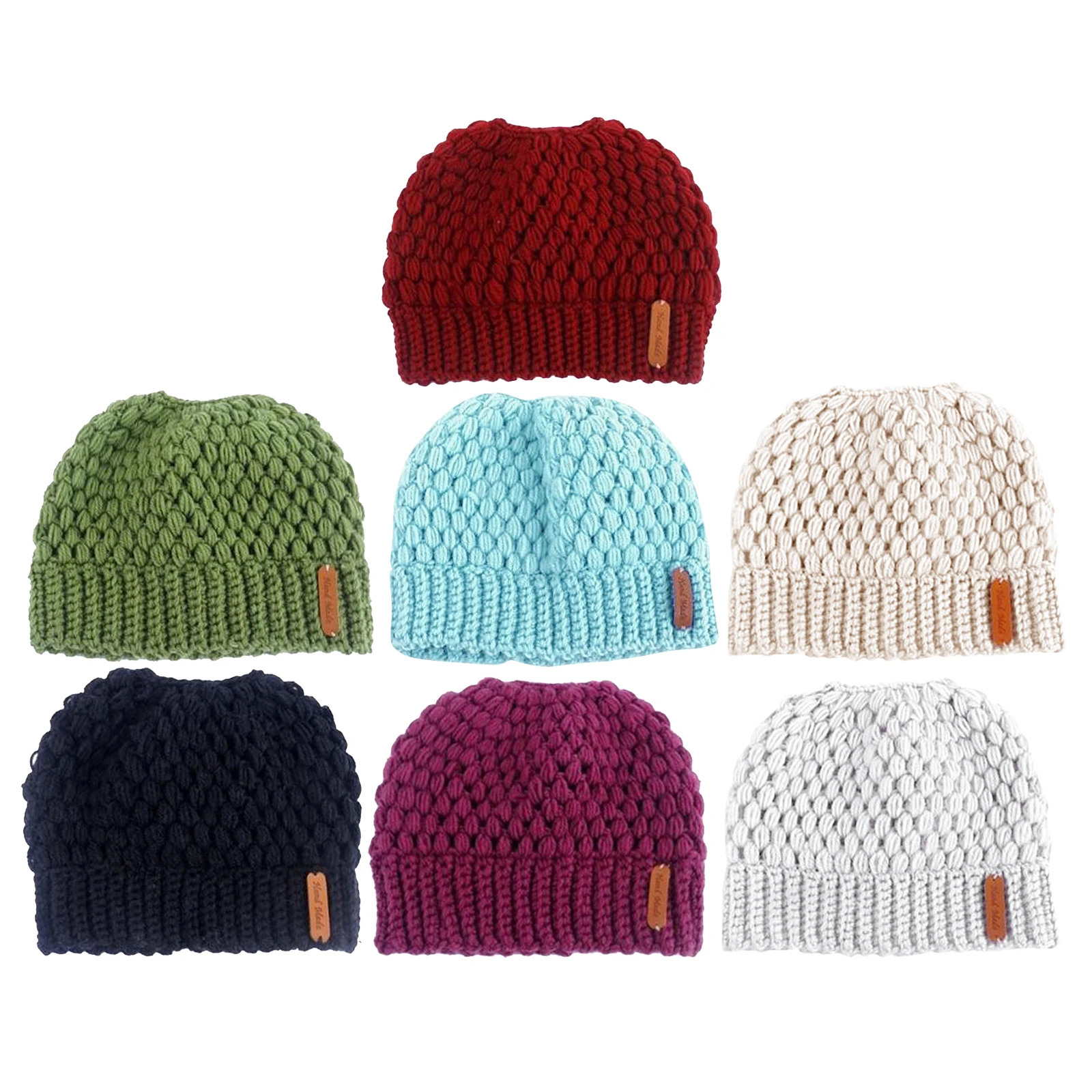 Women Skullies Beanie Hat Tail Stretch Warm Knit Messy High Bun Ponytail Beanie