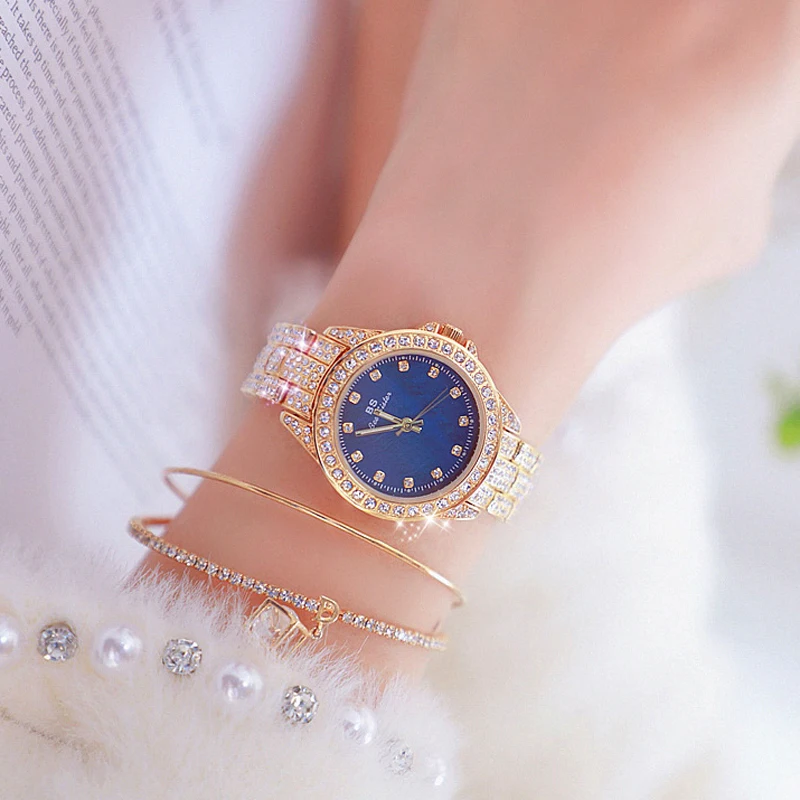 Bs женские роскошные Брендовые Часы элегантные женские часы золотые кварцевые женские наручные часы с синими бриллиантами Женские часы