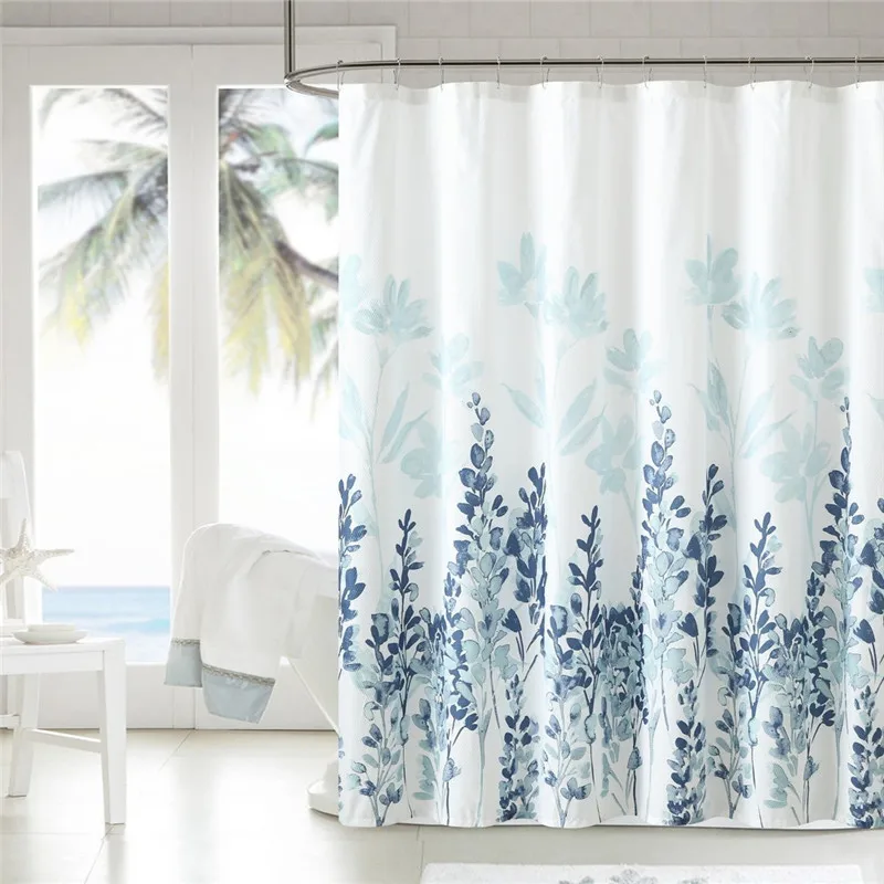 

Blue and Grey Watercolor Floral Art Shower Curtain with Hooks Rings Waterproof Bathroom Curtain 180x180cm