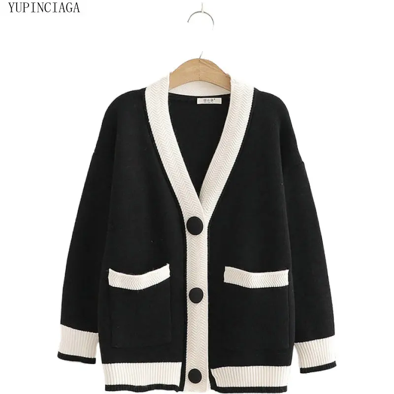 

New Color Matching Single-Breasted Casual Long Sleeve Sweater Harajuku Sweaters 2020 Autumn Winter Women Knit Pullover