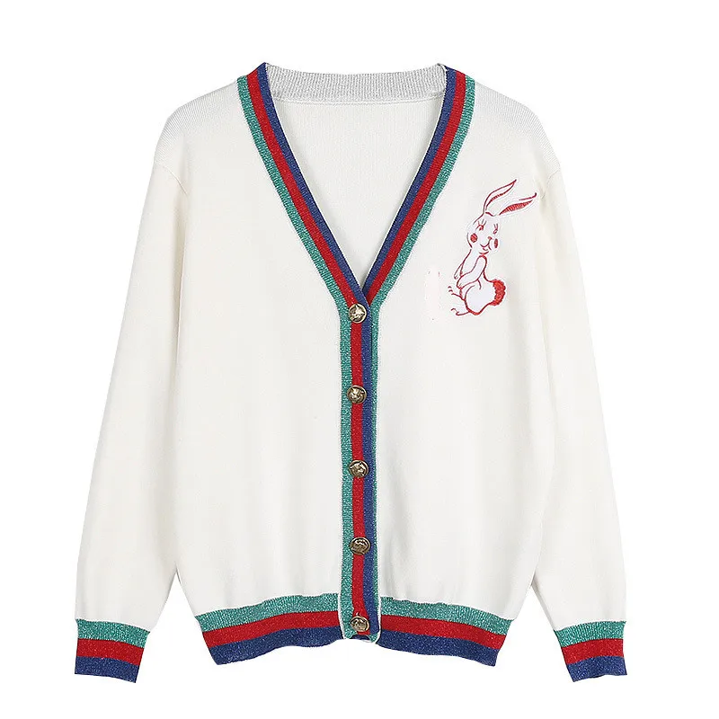 

2019 Fall Winter Rabbit Embroidery Women Sweater Cardigans Runway Striped Gold Buttons Female Knitted Sweater Jumper Clothes