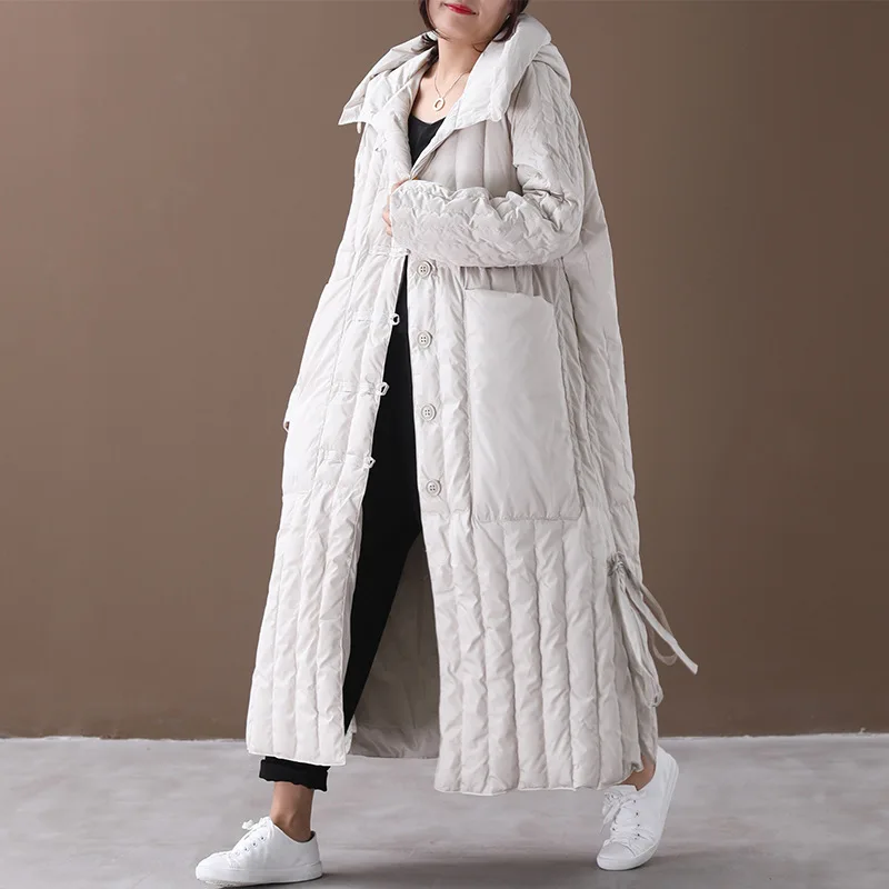 Зимнее женское пуховое пальто большого размера, длинное теплое пальто, Новые Топы со стоячими пуговицами, свободный, подходит ко всему, белый утиный пух, пуховик, пальто