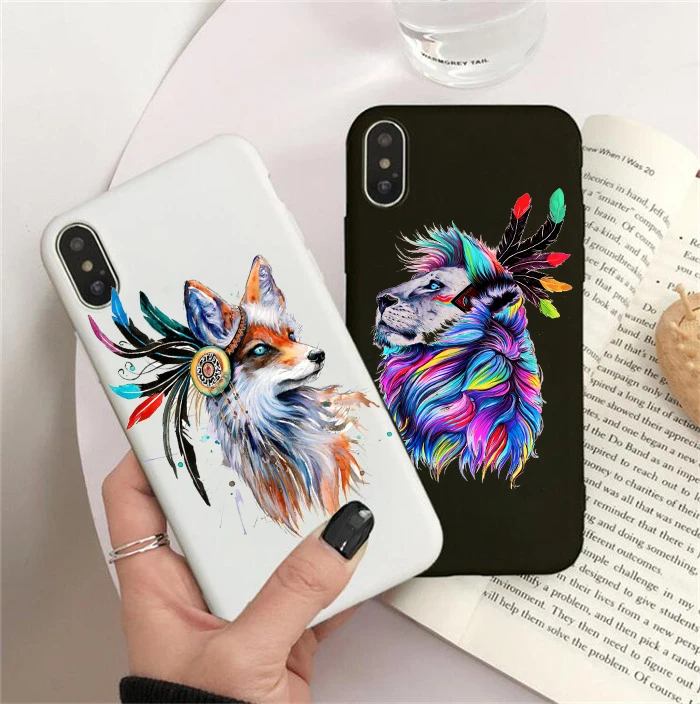 Силиконовый матовый мягкий чехол с рисунком льва и лисы для iPhone 7Plus 7 6Plus 6 6S 5S 8 8Plus X