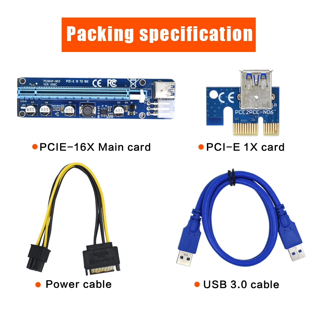 TISHRIC Riser Card VER008C Molex 6 pin PCIE PCI-E pci Express 1X to 16X Adapter SATA TO USB 3.0 Cable Mining Bitcoin Miner