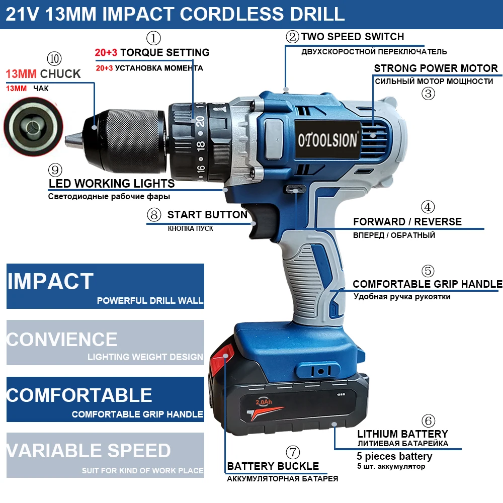 21V Electric Drill Impact Drill Variable Speed Power Tools Rechargeable Screwdriver With Battery Drilling In Steel Wood Ceramic (4)