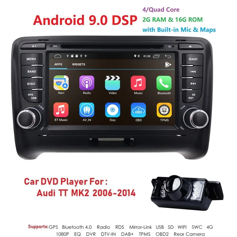 Top Android 9.0 4-Core Car Radio Stereo DVD Player GPS Navigation For AUDI TT MK2 DAB OBD2 Bluetooth Headunit +Free Rear Camera+Map 2