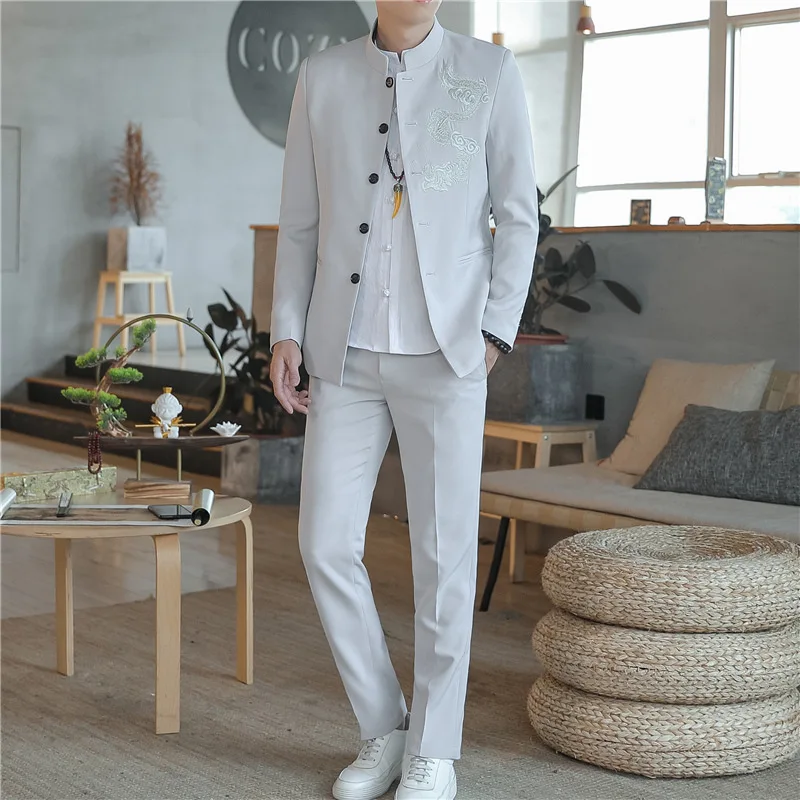 

2019 Autumn Clothing Sun Yat-sen Costume Nation Clothing Men Suit Two-Piece Set Embroidered Chinese-style Stand Collar Sun Yat-s