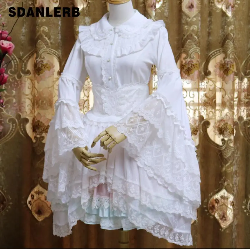 

Retro peter pan collar Chiffon Blouse women Long Flare Sleeve Ruffled White/Black sweet princeless top Shirt