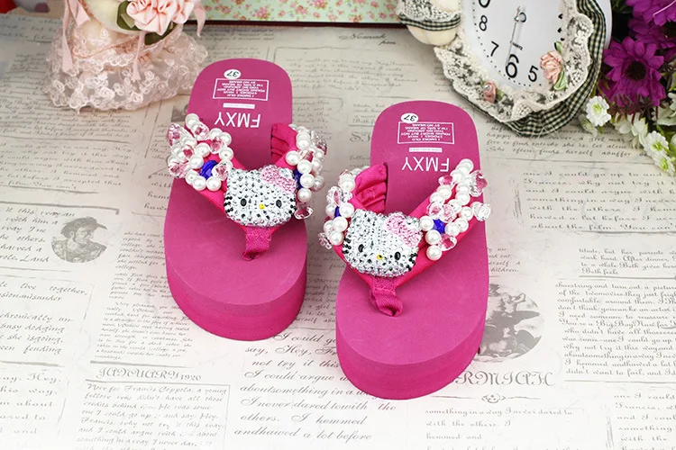 Leisure Shoes Online Lady Sewing Pearl Womens Beach Slippers Fashion High Heel Platform Wedge Flip Flops64