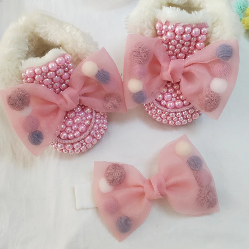 

bowknot Baby Rhinestones bling bling snow boots lovely Hair band Shining Pearl Decoration baby girls Boots Shoes Autumn Winter