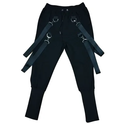Панк Рок мужские длинные штаны с накладными карманами ремни пряжки черные повседневные эластичные брюки талия брюки - Цвет: Black