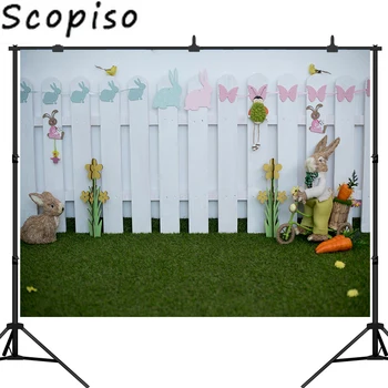 

Scopiso Photophone Backgrounds Easter Egg Rabbit Spring Fence Wood Wall Grassland Photography Backdrops Photo Studio Prop