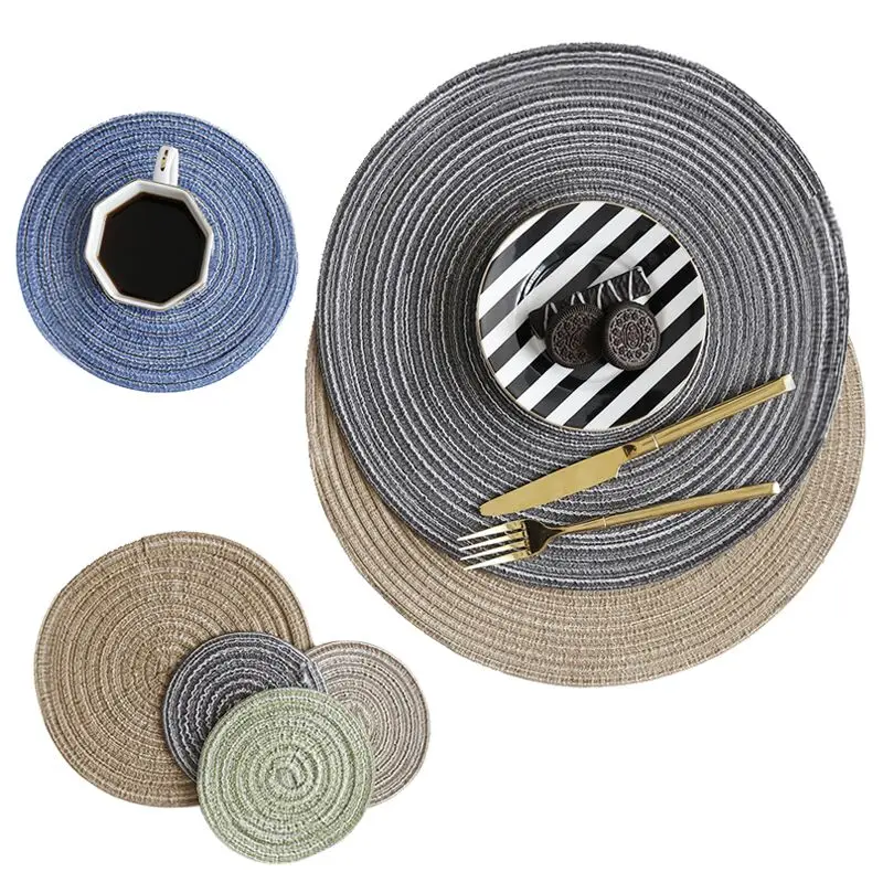 

3pcs/set Round Design Table Ramie Insulation Pad Solid Placemats Linen Non Slip Table Mat Kitchen Accessories Home Pad Coaster