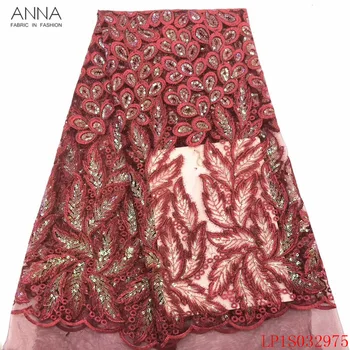 

Anna african sequins lace fabric 2020 high quality embroidered red tulle fabrics 5 yards/pcs french net laces for garment sewing