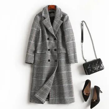 

2019 autumn and winter large size women's fat sister mm was thin woolen coat plaid long