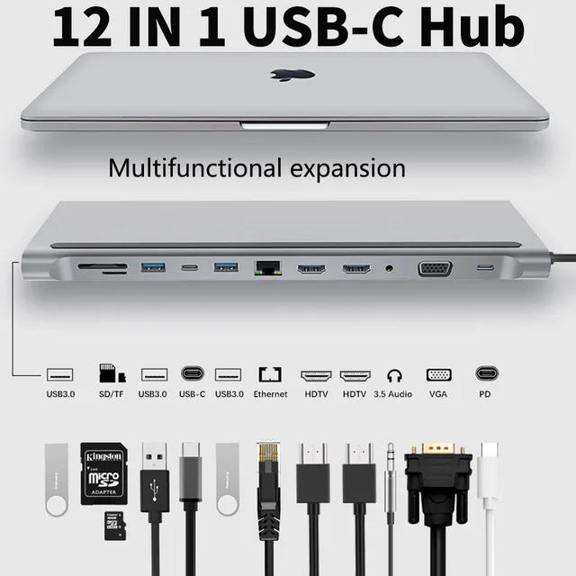 tebe MST USB C Hub Type-c to Dual HDMI-Compatible VGA Multi USB Lan Ethernet 3.5mm PD Charger SD TF Adapter For Macbook Air 3