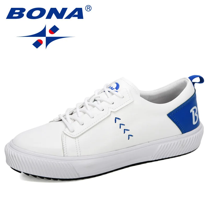 BONA/Новинка года; стильная популярная прогулочная обувь; мужские спортивные кроссовки на плоской подошве с низким берцем; обувь для скейтбординга; Мужская обувь для бега - Цвет: White royal blue