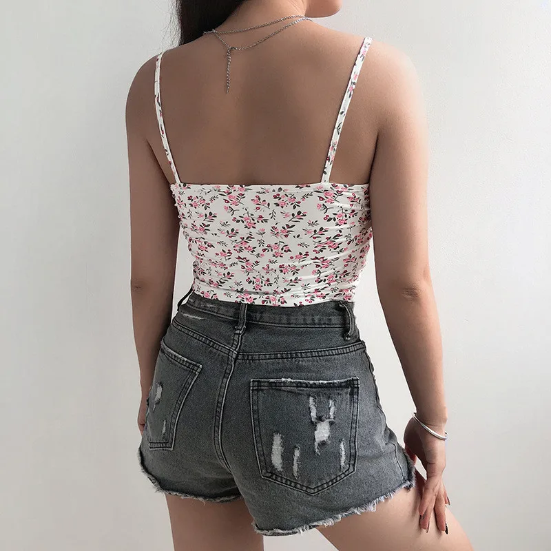 Y2k Women's Floral Suspenders V-neck Lace Trim Low-cut Crop Top Harajuku Slim Sexy Backless Ladies Bottoming Shirt Street Wear