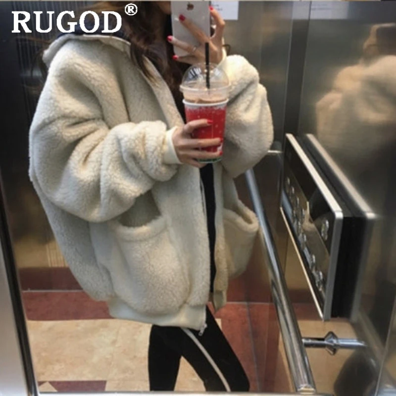 RUGOD, зимние теплые толстовки, вельветовое пальто для женщин, модное однотонное флисовое пальто с карманами, женские повседневные свободные пальто в стиле Харадзюку