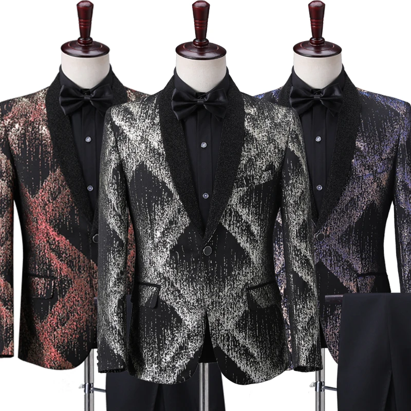 New Prom Evening Performance Men's Stage Blazers Bright Wire Tuxedo Male Singer Host Suit Jacket Wedding Groom Formal Dress