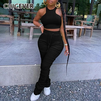 

CHICEVER Casual Two Piece Set For Women O Neck Sleeveless Short Top High Waist Lace Up Loose Pants Female 2020 Fashion Clothing