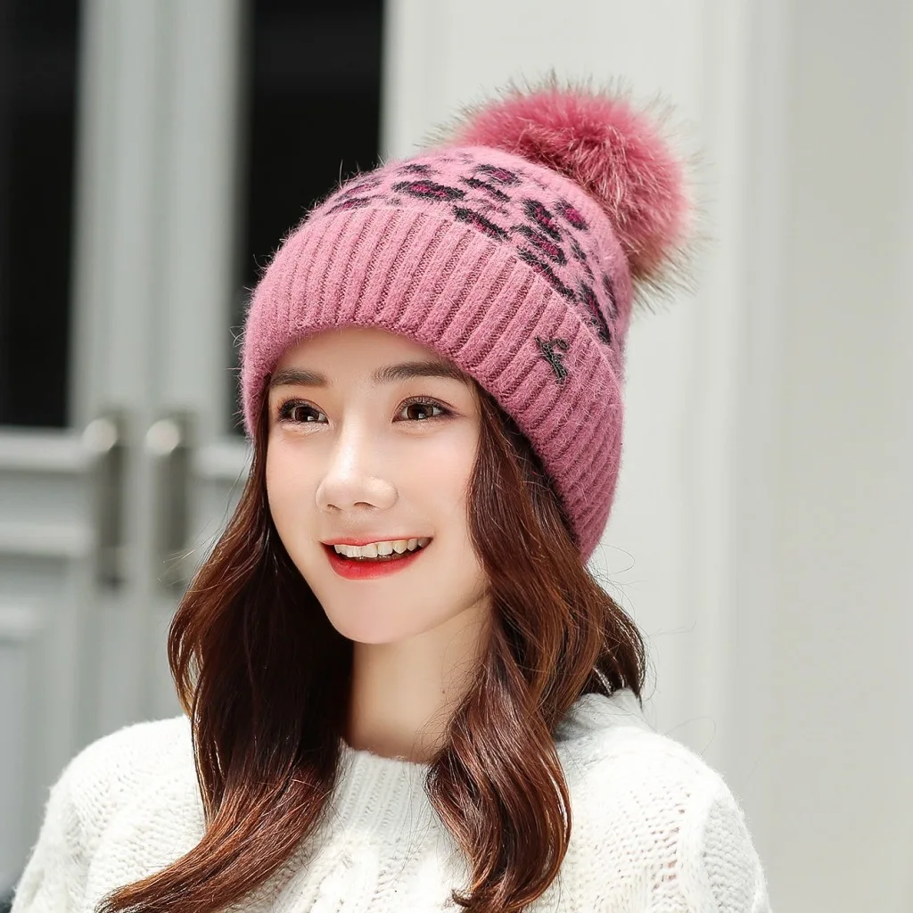 Women Beanies Pom Poms Rabbit Hat Beanie Knitted Skullies Fashion Caps Ladies Knit Cap Winter Hats For Women