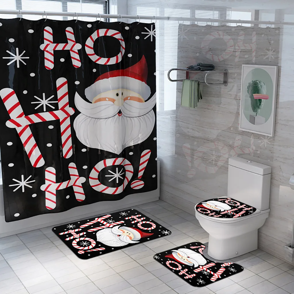 Набор из четырех стульев для ванной комнаты с рождественским принтом, коврик для ванной комнаты из трех частей, коврик для пола, набор ковров, занавеска для ванной, нескользящий ковер