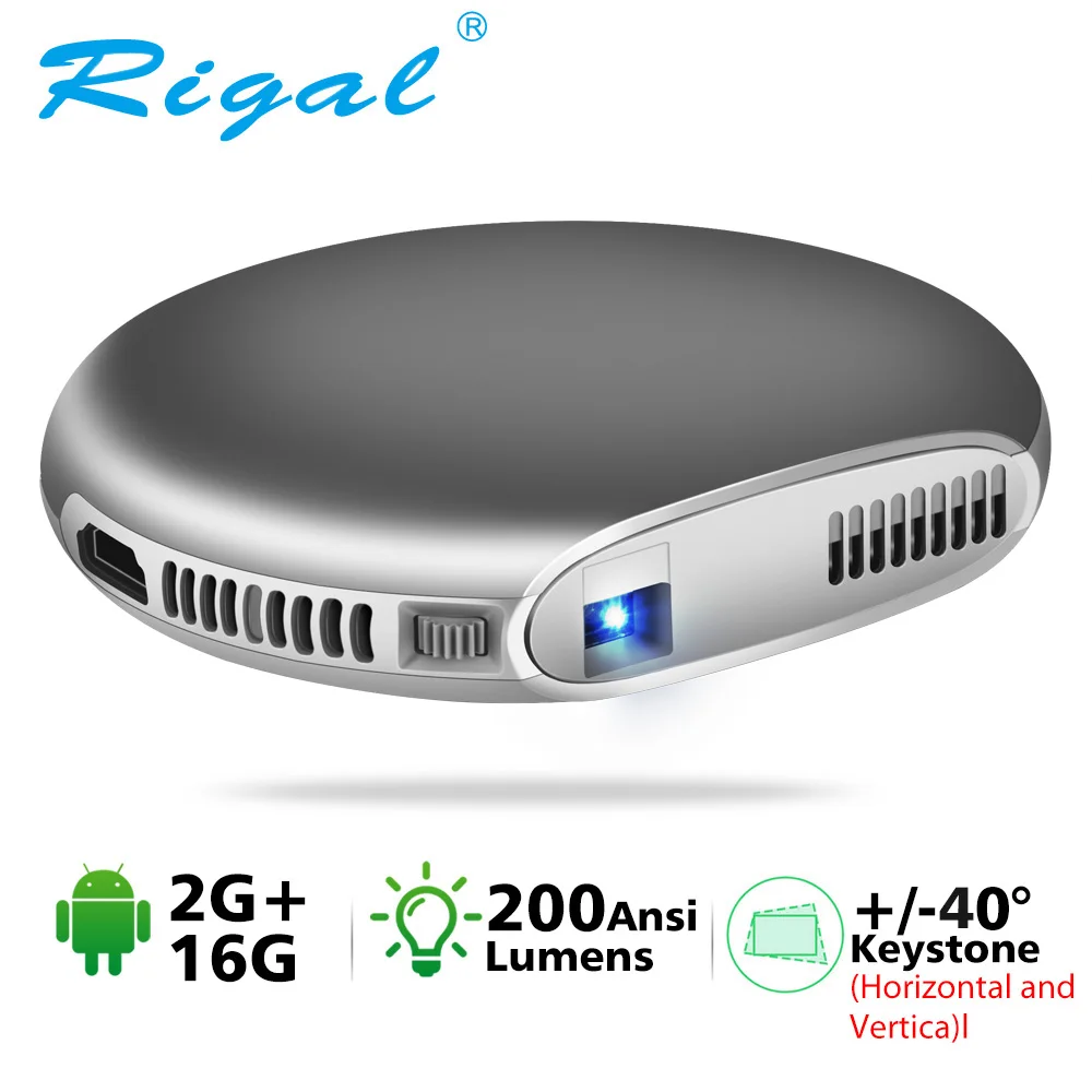 

Rigal RD607 Mini DLP Projector 200 Ansi Lumen Android 7.1 WiFi Pocket Pico Video Projector with Battery Support 1080P 3D Beamer