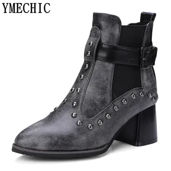 

Ladies Gray Large Size Gothic Ankle Boots High Heel Rivet Buckle Strap Punk Riding Short Boot Female Winter Autumn Shoes