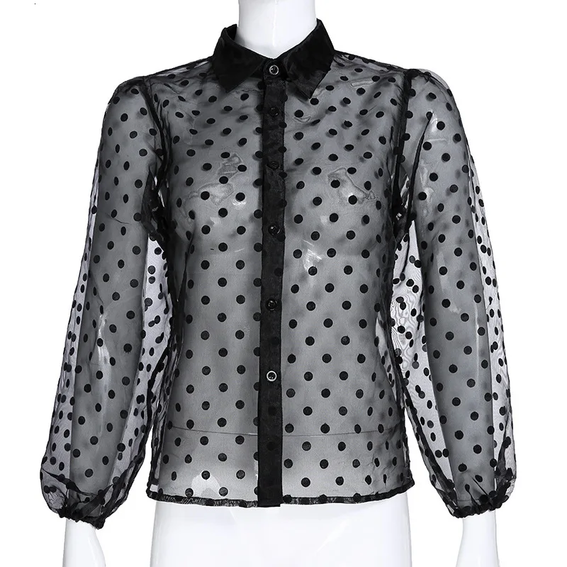 Модная блуза из органзы с рукавом-фонариком, черная блуза в горошек, рубашка, сексуальная свободная короткая женская блузка, пышный Топ с рукавами