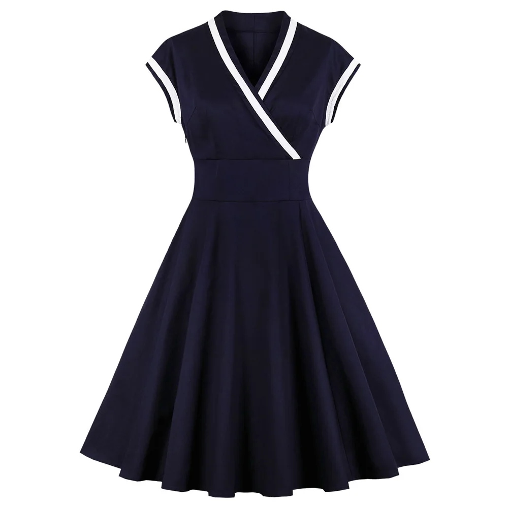 

Wipalo S-4XL Plus Size Women V-Neck Cross Front Dress Retro Vintage Hepburn Style Sleeve New Pin Up Rockabilly Vestidos