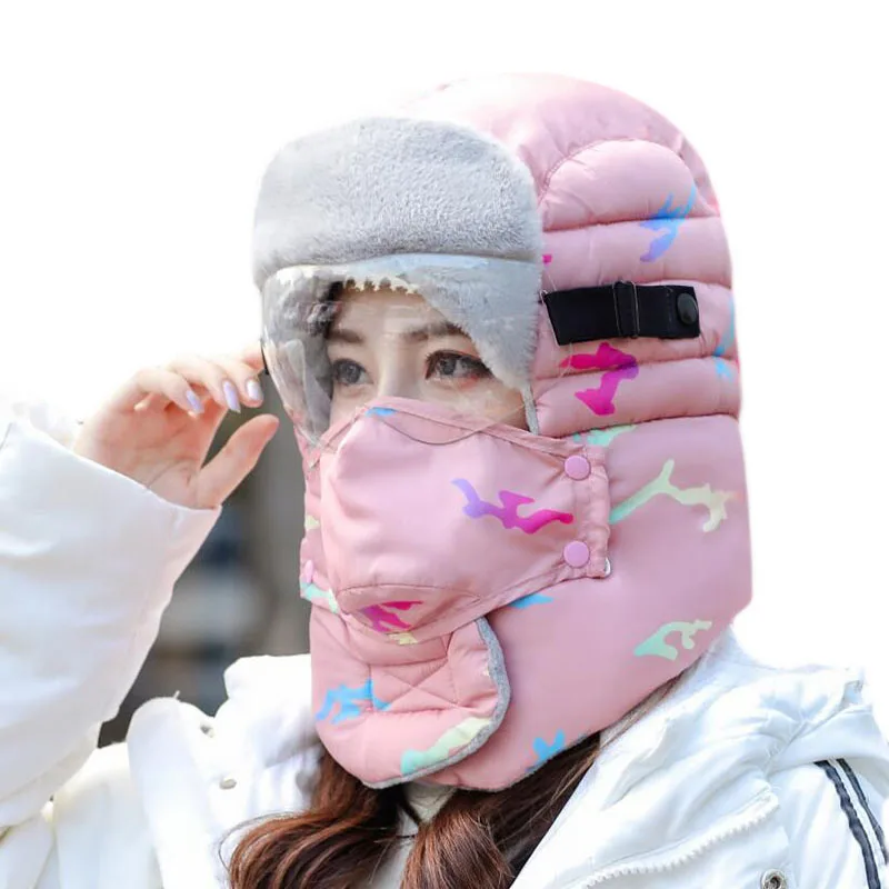 

Printing Bomber Hat Men Winter Hats For Women Masks Cap Russian Thick Warm Ear Flaps Bone Snow Lei Feng Caps
