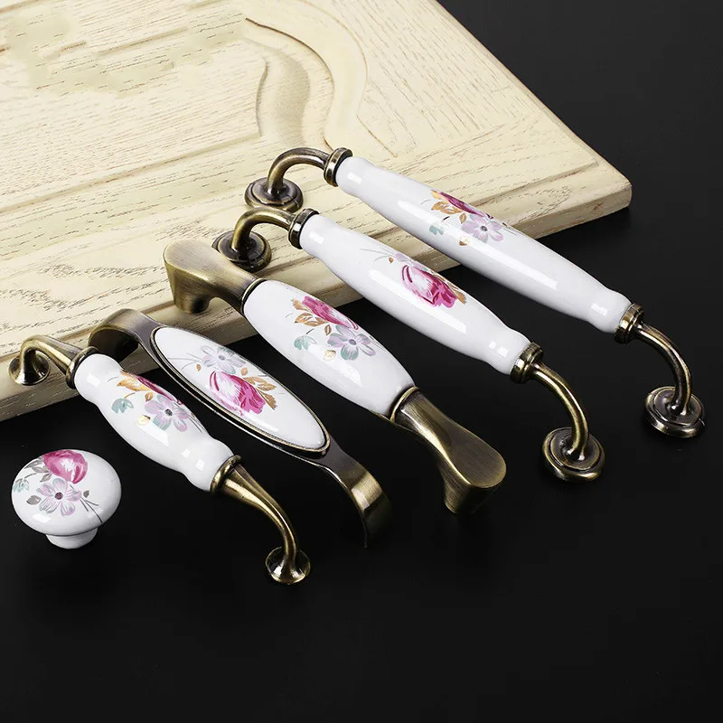 

Door Handles Tulip ceramic handle cabinet drawer wardrobe door archaize rose green bronze