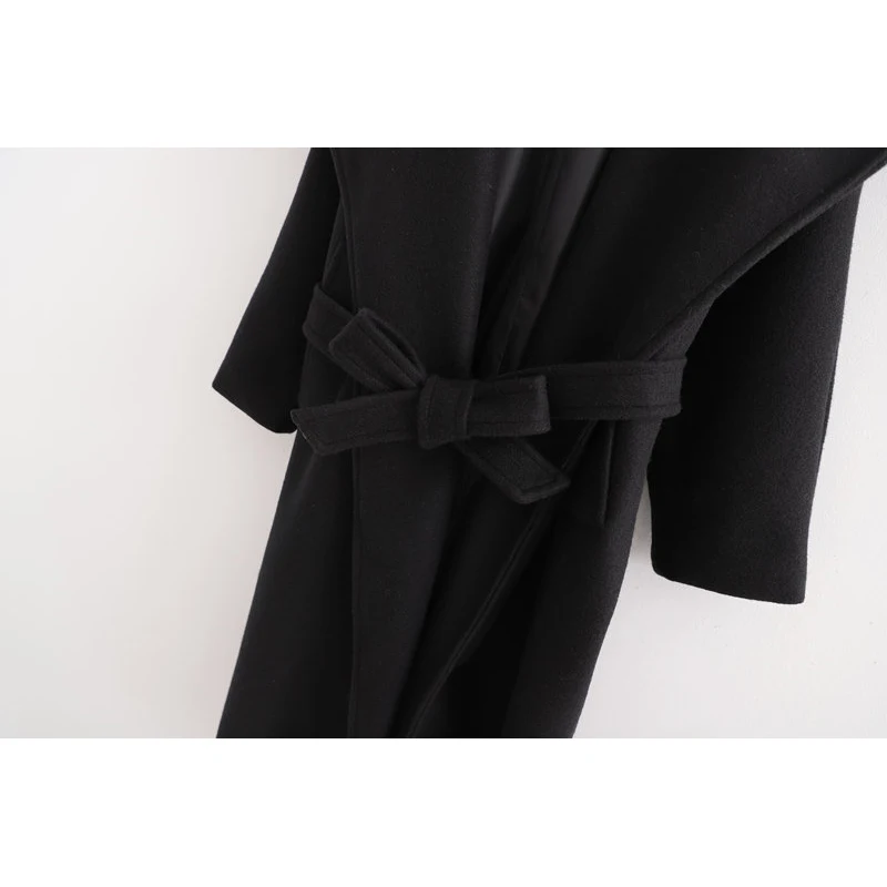 Женское зимнее элегантное шерстяное пальто с большим отворотом модное женское черное прочный пояс с бантом тонкая женская Повседневная теплая длинная верхняя одежда