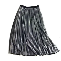 Женская юбка-трапеция из серебристого, золотого, металлического цвета, средней длины, с мелкими камнями, до середины икры, цвета