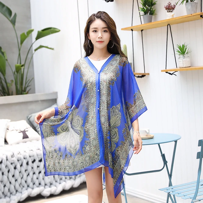 Fashion Women Scarf Shawl Poncho Printed Sunscreen Sun Protection Beach Shawl Bikini Cover Soft Comfortable Hot Sale Blue foreign trade spain new printed tide brand colorful beach shawl scarf scarf dual use