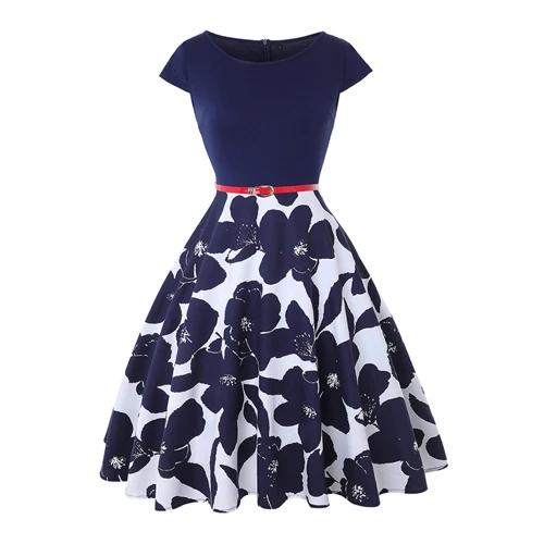 MISSJOY, плюс размер, 4XL, платье, kleding vrouwen, винтажное, элегантное, с рукавом-крылышком, с лимонным цветочным принтом, на булавке, модные платья, kerst jurk - Цвет: Blue White