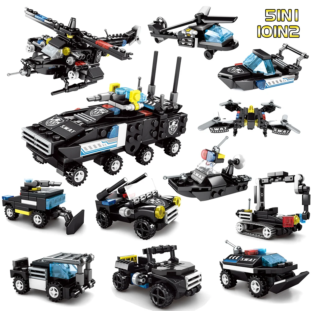 

10 IN 2 Military Series SWAT Helicopter armored vehicle Suitable For legoingly City Police building blocks toys for children