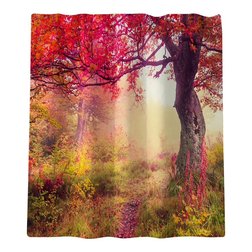 4 pieces / set of autumn sea landscape shower curtain floor carpet mat pad toilet seat cover bathroom mat home decoration#p8