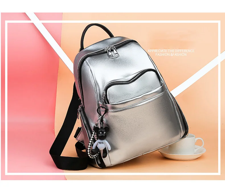 2019 Women Waterproof PU Soft Leather Backpack College Girls School Shoulder Bag Small Black Silver Multi Pocket Travel Rucksack (2)