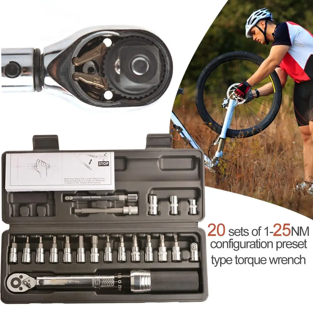 

Preset Torque Wrench 1/4 1-25Nm Bicycle Repair Adjustable Torque Wrench 20 Piece Set 1-25NM Preset Type Riding Accessories