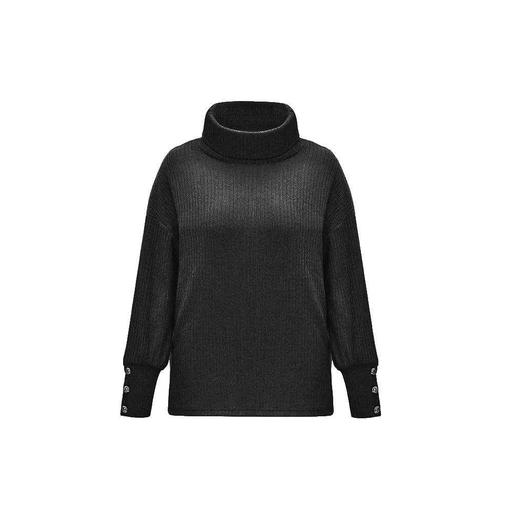 Повседневный теплый вязаный свитер с воротником под горло на осень и зиму, пуловер с длинными рукавами, топы, элегантные женские джемперы с заклепками и пуговицами, для женщин, 5XL - Цвет: Черный