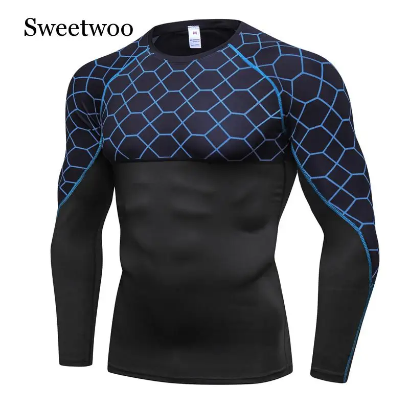 Men's Top Fitness Print Splicing Long Sleeve Running Training Quick Dry High Elastic Tights Bodybuilding Sports T-Shirt Male