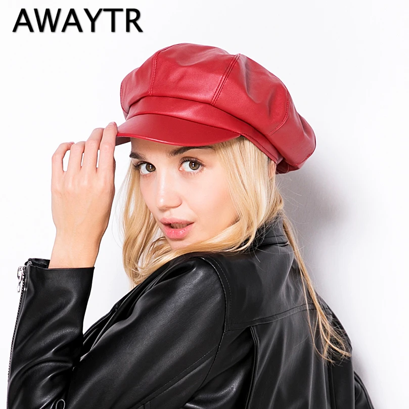 

AWAYTR 2019 New Fashion Women's PU Leather Hats British Style Retro Newsboy Caps Military Octagonal Cap Female Visor Caps