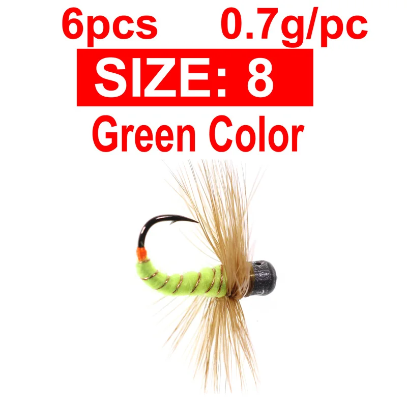6PCS Size8 Green Bimoo 6 шт./лот#6-#12 ледяная приманка для ловли нахлыстом для зимы Panfish большие голубики и форель быстро тонущие Багги черви джиггинг муха - Цвет: 6PCS Size8 Green