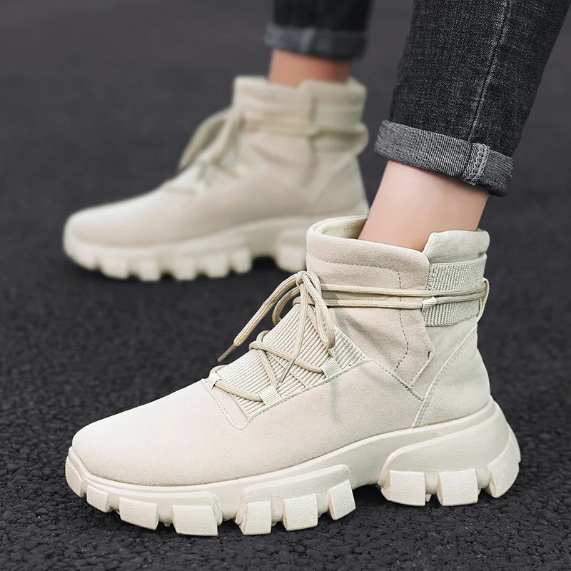 7973-Beige Ботильоны мужские Ботинки Зимняя обувь без шнуровки Мужская обувь с высоким берцем зимние ботинки мужская обувь мужские кроссовки для взрослых 39 S - Цвет: 7973-Beige