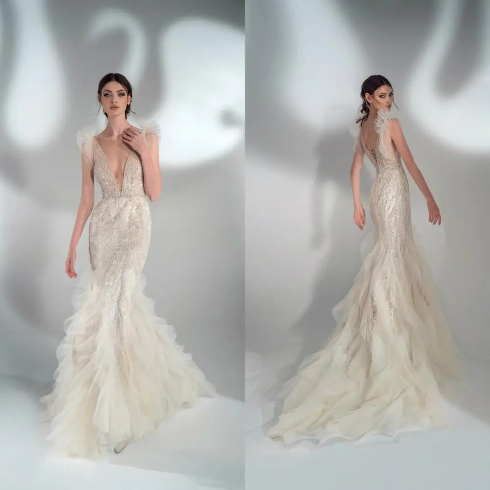 

2021 Sparkly Mermaid Wedding Dresses Sexy Deep V Neck Sequins Lace Appliques Bridal Gowns Lace-up Back Tiered Wedding Dress