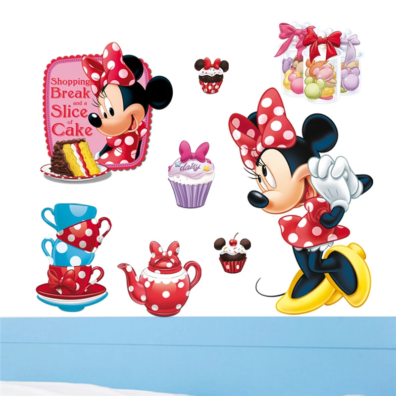 

Cartoon Minnie Shopping And A Slice Of Cake Wall Stickers Bedroom Home Decor Disney Wall Decals Pvc Mural Art Diy Wallpaper