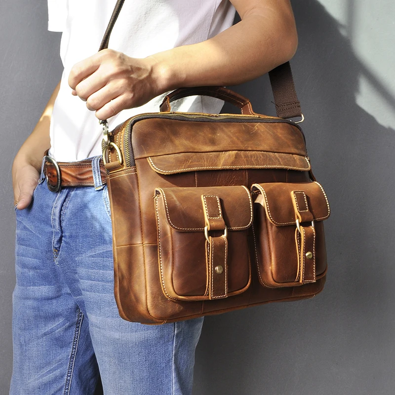 Мужской качественный кожаный антикварный дизайнерский деловой портфель 1" Сумка для ноутбука Attache портфель сумка-тоут на плечо сумка-мессенджер B207-d - Цвет: dark brown