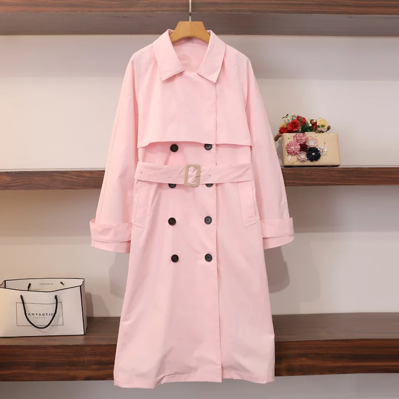 

2019 Pink Double-breasted Midi Windbreaker Korean Version Loose Coat Adjustable Waist Long Coat Woman